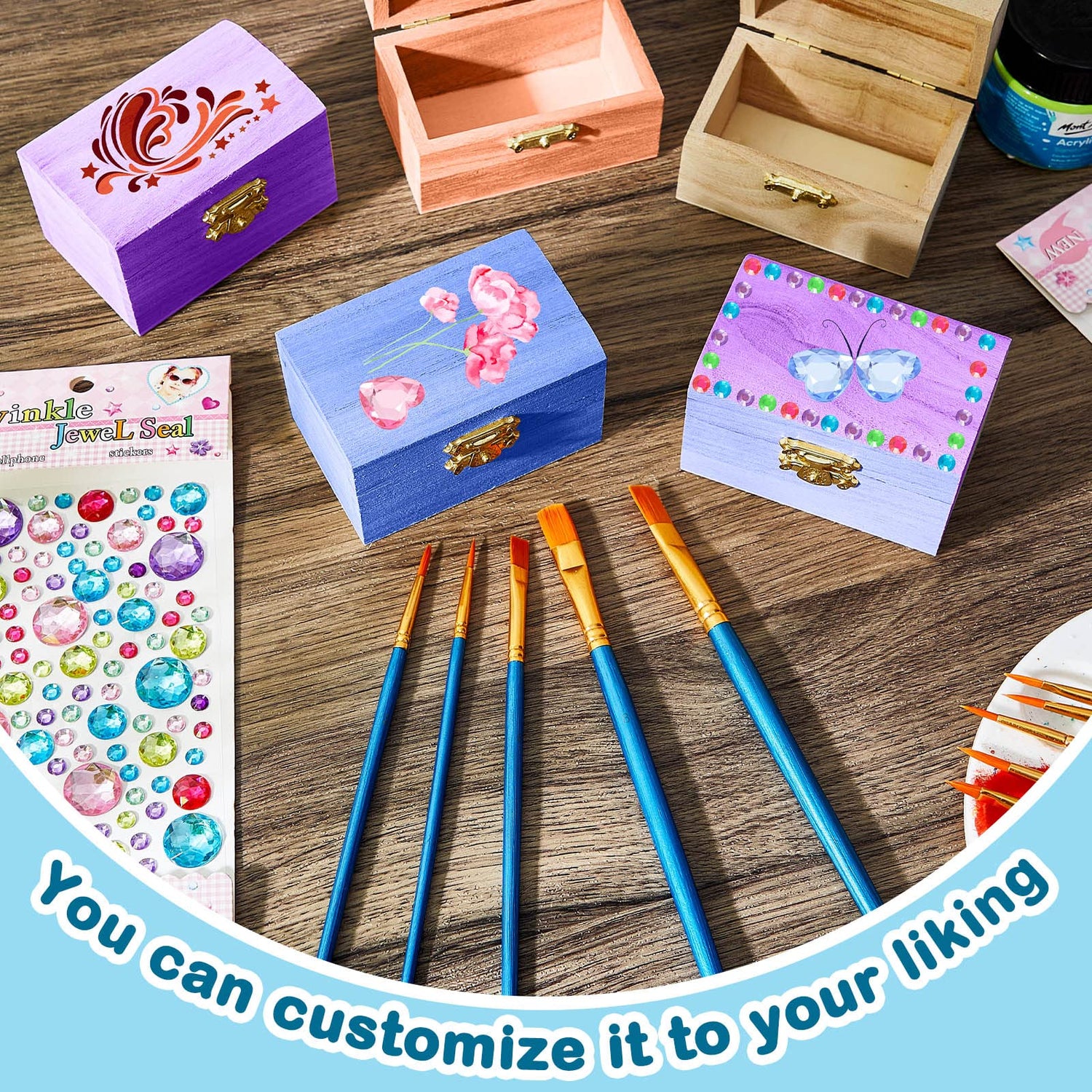 Leinuosen 15 Pcs Small Wooden Boxes with Hinged Lids 3.5 x 2.2 x 1.9 Inch Unfinished Wooden Treasure Chest Box 10 Pcs Paint Brushes with 2 Sheets Leinuosen