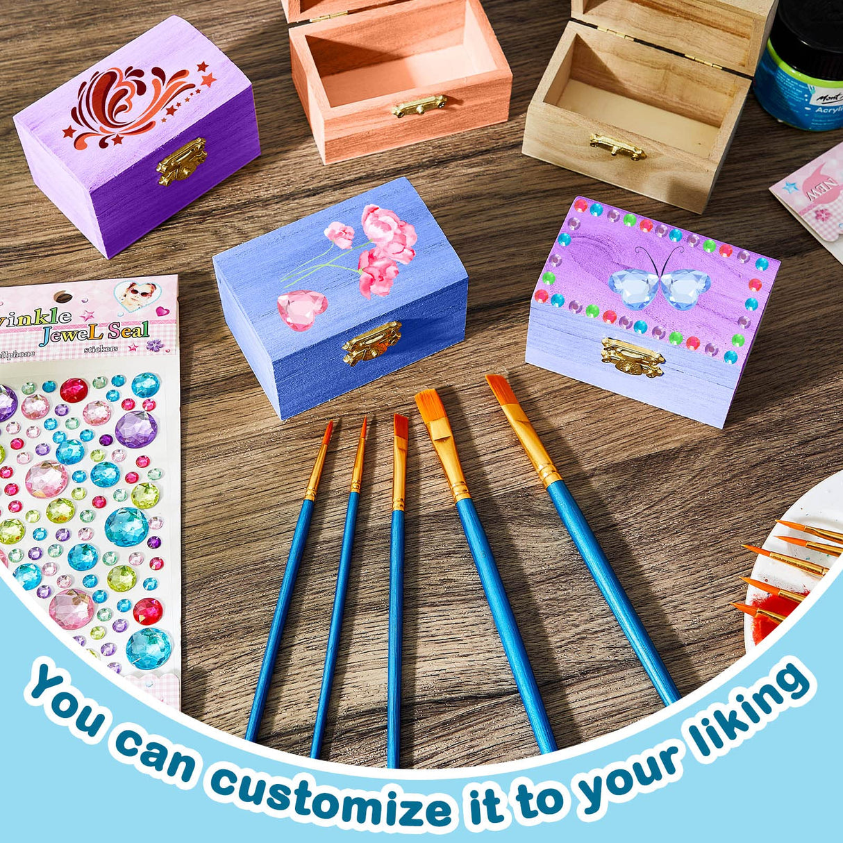 Leinuosen 15 Pcs Small Wooden Boxes with Hinged Lids 3.5 x 2.2 x 1.9 Inch Unfinished Wooden Treasure Chest Box 10 Pcs Paint Brushes with 2 Sheets Leinuosen