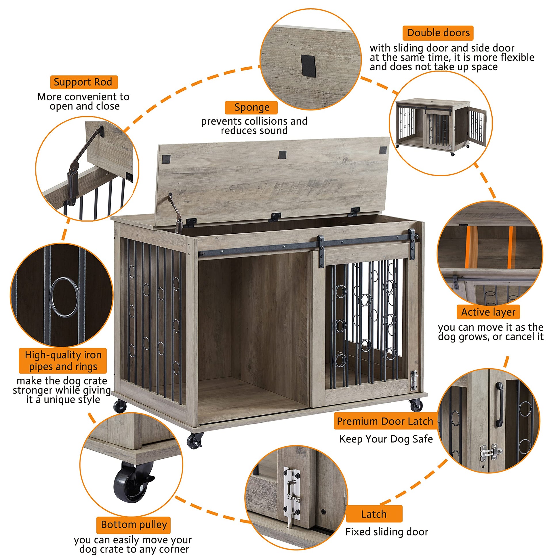 Rophefx Dog Crate Furniture with Divider for 2 Puppies, Dog Kennel Indoor with Sliding Door, Puppy Dog Cage with Flip-up Top and Wheels, Indoor - WoodArtSupply