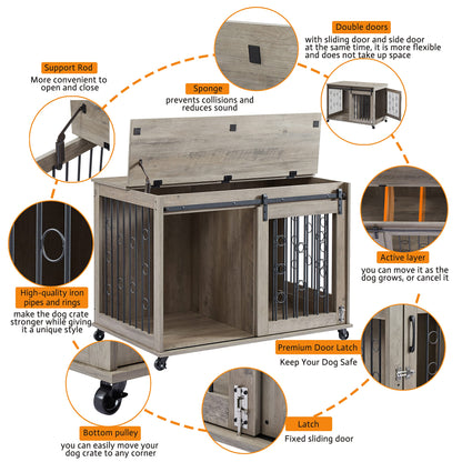 Rophefx Dog Crate Furniture with Divider for 2 Puppies, Dog Kennel Indoor with Sliding Door, Puppy Dog Cage with Flip-up Top and Wheels, Indoor - WoodArtSupply