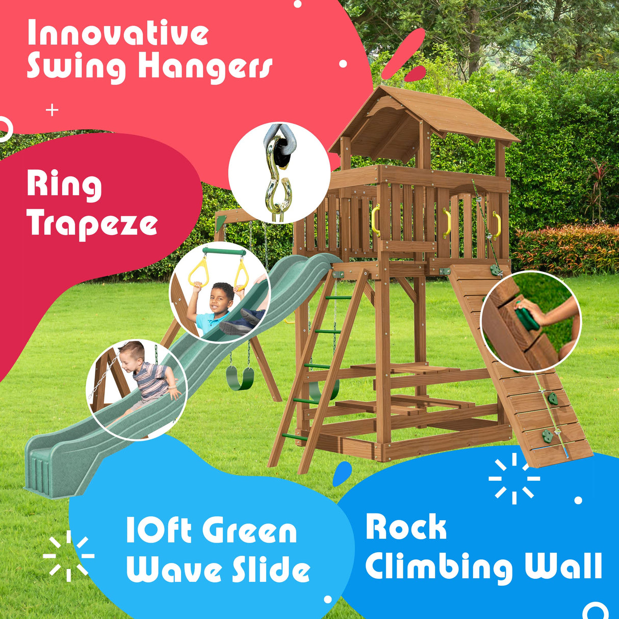Creative Playthings Spring Hill Wooden Swing Set (Made in The USA), Includes Kids Climbing Wall, Playground Swings and Slide, 15 x 14 x 11 ft Creative Playthings LTD.