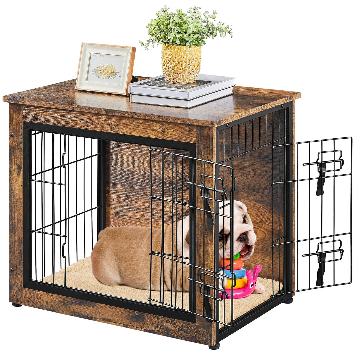 Yaheetech 27.5'' Dog Crate Furniture with Cushion Wooden Dog Crate with Double Doors/Adjustable Feet Side End Table for Small/Medium Dogs, 27.5" L x Yaheetech