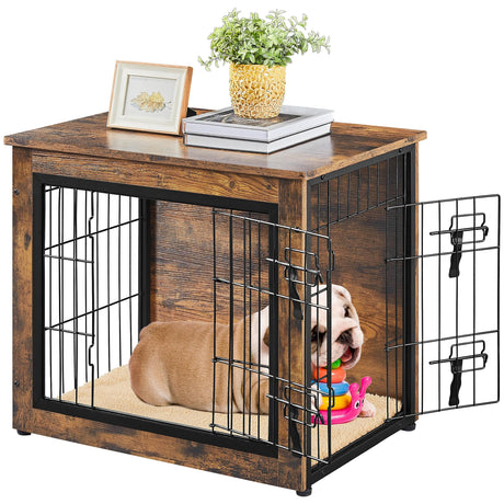 Yaheetech 27.5'' Dog Crate Furniture with Cushion Wooden Dog Crate with Double Doors/Adjustable Feet Side End Table for Small/Medium Dogs, 27.5" L x Yaheetech