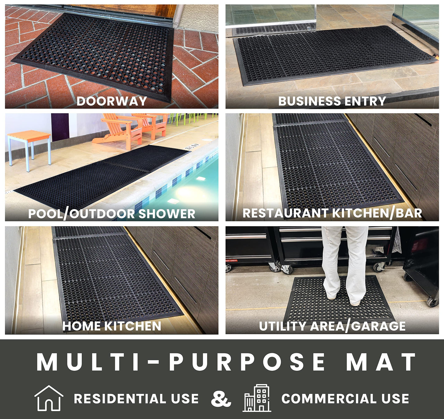 Envelor Anti Fatigue Rubber Floor Mat Non-Slip Restaurant Mat for Floors Bar Drainage Mat Doormat Utility Garage Home Slip Pool Entry 24 x 36 Inches