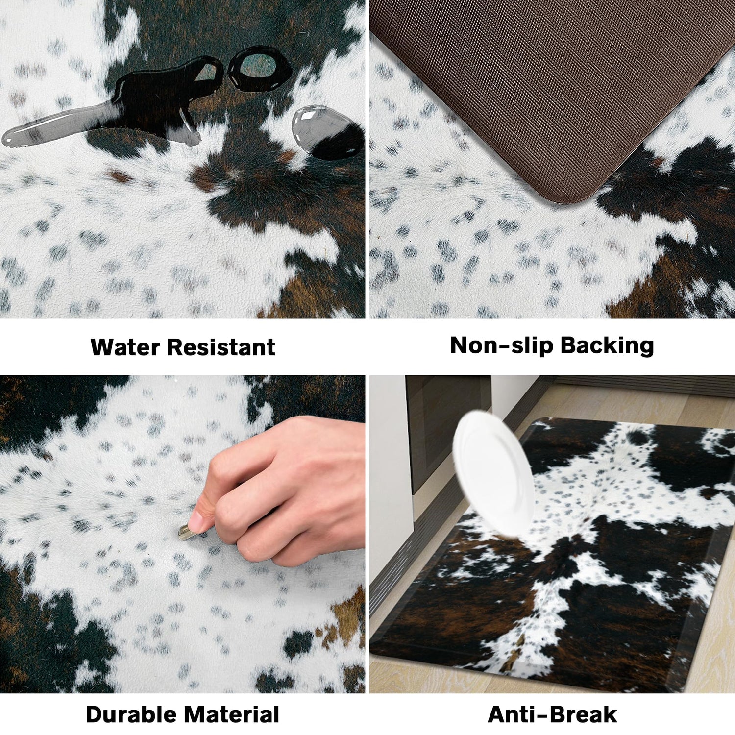 Tyrot Cowhide Kitchen Mat Cushioned Anti Fatigue - 1/2 Inch Thick Western Cow Kitchen Mats for Floor, Non Slip PVC Waterproof Standing Desk Ergonomic Tyrot