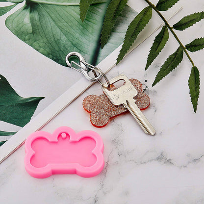 6 Pieces Dog Bone Silicone Mold Dog Tag Keychain Mold Kit DIY Dog Tag Pendant Baking Epoxy Resin Clay Mold with 10 Pieces Big Key Ring for Kitchen or Homemade Crafts, 2 Sizes