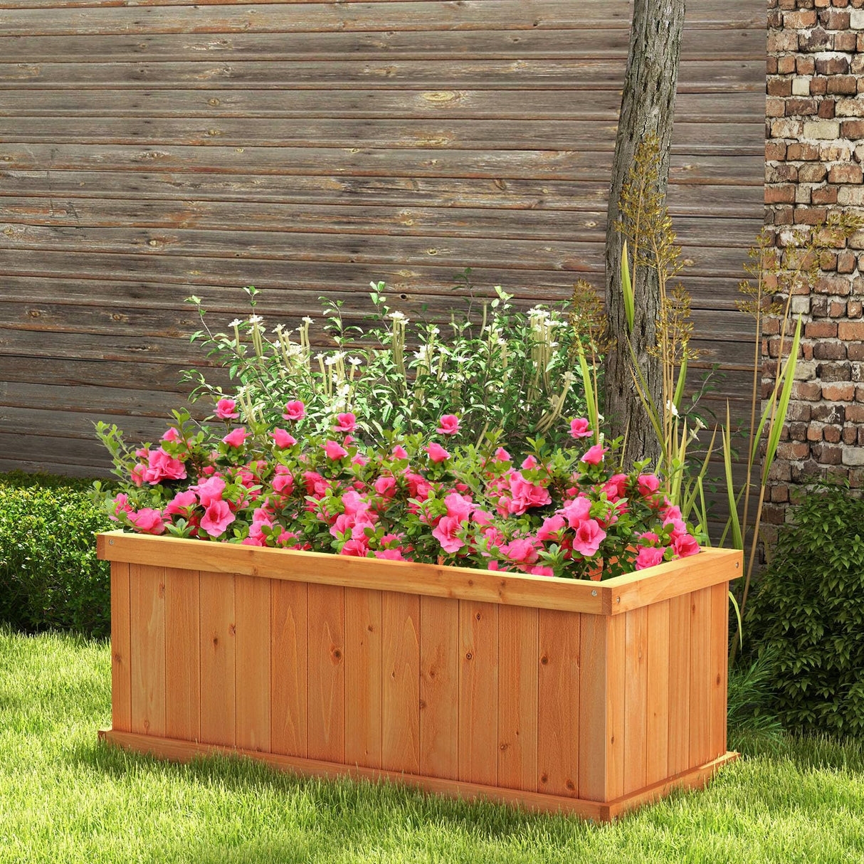 Giantex Raised Garden Bed, 31”x14”x12” Wooden Planter Box with 4 Drainage Holes & Detachable Bottom Panels, Elevated Flower Bed, Rectangular Plant Giantex