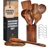 Wooden Spoons for Cooking – Wooden Utensils for Cooking Set with Holder, Spoon Rest & Hanging Hooks, Teak Wood Nonstick Kitchen Cookware – Durable WOODENHOUSE LIFELONG QUALITY