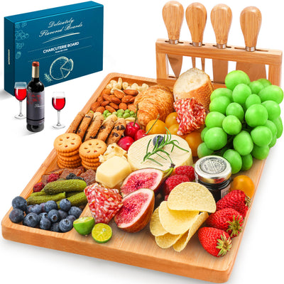 Easoger Cheese Board and Knife Set - Extra Large Charcuterie Boards with Magnetic Knife Holder, Cheese Platter Gift for Christmas, House Warming,