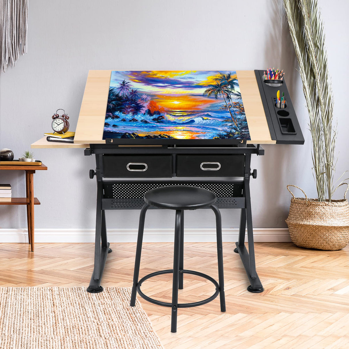 NOVA MICRODERMABRASION Adjustable Height Drafting Desk Drawing Table Tiltable Tabletop for Reading, Writing Art Craft w/Stool and Drawers Nova Microdermabrasion