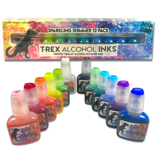 T-Rex Inks Starlight Shimmer Sparkling Alcohol Ink 12 Bottle Set - Glitter Alcohol Ink for Epoxy Resin Dye, Painting, Tumbler Making & More -
