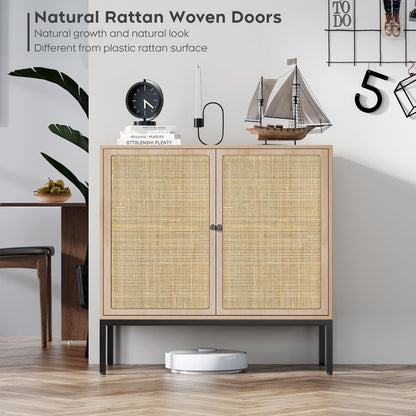 Brafab Set of 2 Sideboard Buffet Cabinet with Storage, Sideboard Cabinet with Natural Rattan Decorated Doors, Rattan Cabinet, for Living Room, - WoodArtSupply