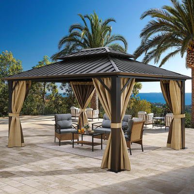 YITAHOME 10x12ft Gazebo Double Roof Canopy with Netting and Curtains, Outdoor Gazebo 2-Tier Hardtop Galvanized Iron Aluminum Frame Garden Tent for