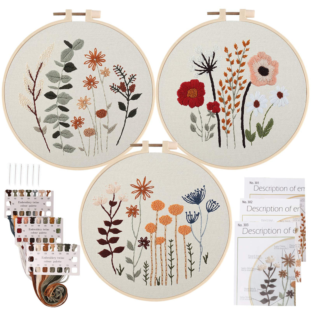 Uphome 3 Pack Embroidery Starter Kit for Beginners Stamped Cross Stitch Kits with Cute Flowers and Plants Patterns with 1 Embroidery Hoop and Color Uphome