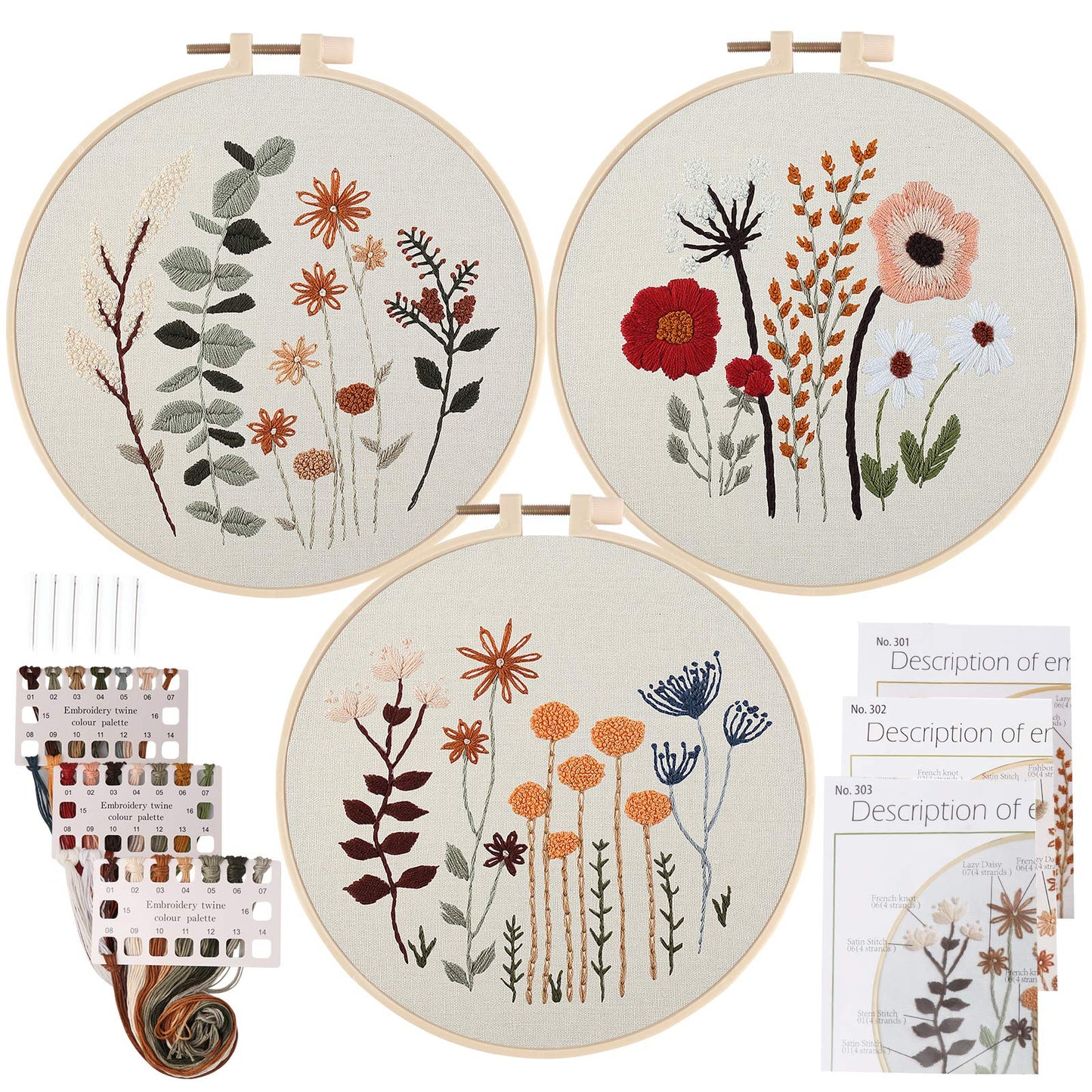 Uphome 3 Pack Embroidery Starter Kit for Beginners Stamped Cross Stitch Kits with Cute Flowers and Plants Patterns with 1 Embroidery Hoop and Color