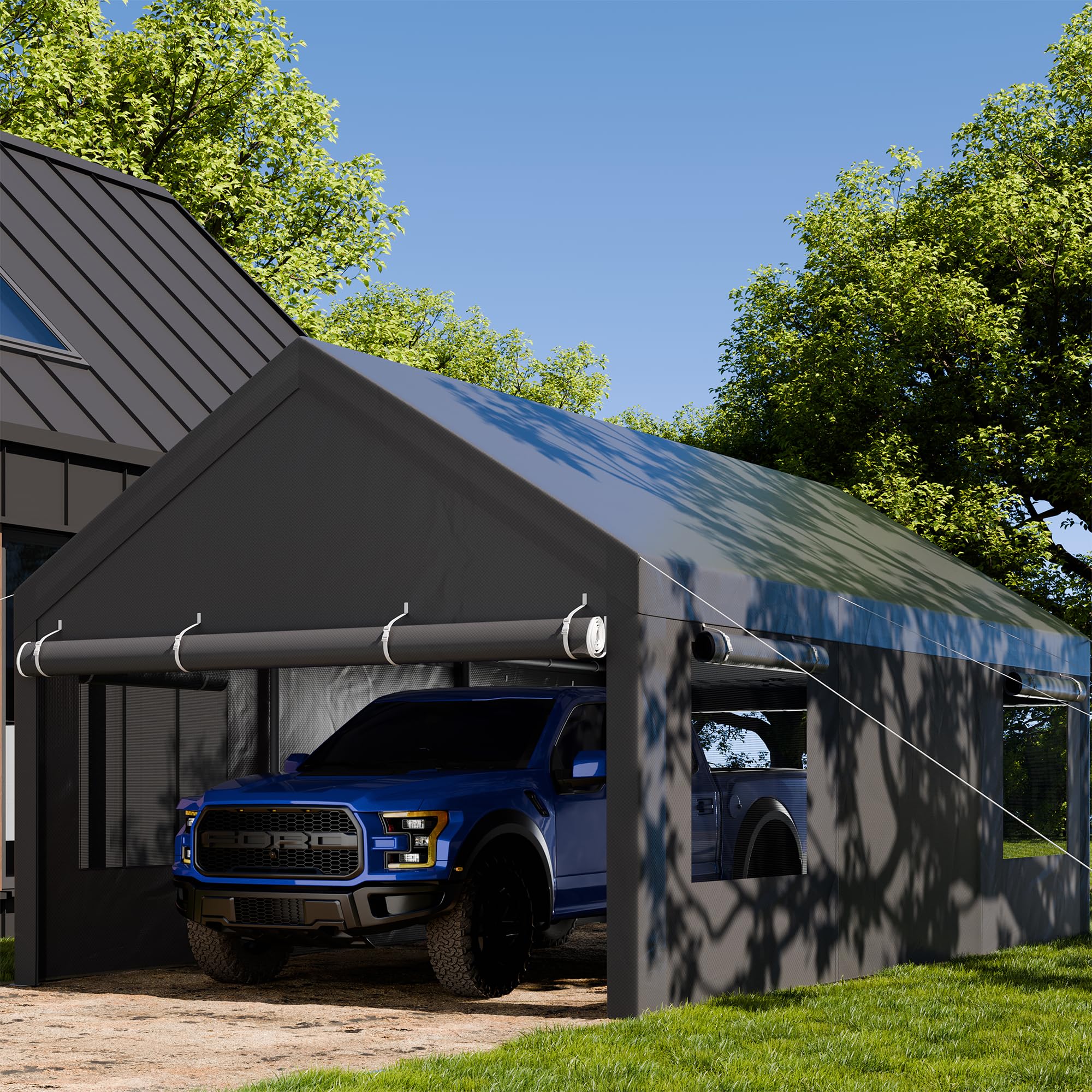 JAMFLY Carport 12x20 Heavy Duty Carport Canopy with Roll up Windows Portable Garage with Removable Sidewalls Doors Car Canopy with All Season WoodArtSupply