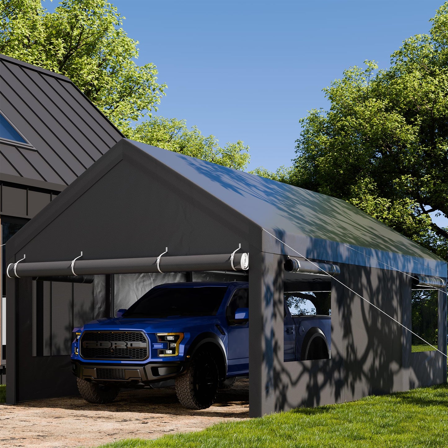 JAMFLY Carport, 12x20 Heavy Duty Carport Canopy with Roll-up Windows, Portable Garage with Removable Sidewalls & Doors, Car Canopy with All-Season