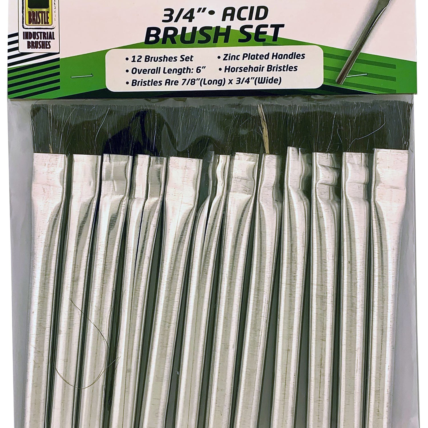 BRISTLE INDUSTRIAL BRUSHES 12 Pc Acid Brushes Set | Lightweight Aluminum Handles | 3/4" (1.9 cm) Width | Ideal for Caustic Substances, Glues, Sealers BRISTLE INDUSTRIAL BRUSHES
