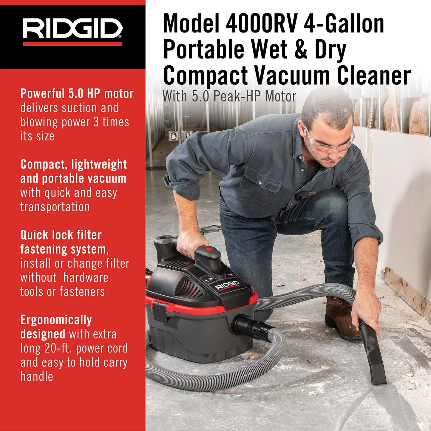 RIDGID 50313 Model 4000RV 4-Gallon Portable Wet and Dry Compact Vacuum Cleaner with 5.0 Peak-HP Motor, 4 gallon, Red - WoodArtSupply