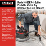 RIDGID 50313 Model 4000RV 4-Gallon Portable Wet and Dry Compact Vacuum Cleaner with 5.0 Peak-HP Motor, 4 gallon, Red RIDGID