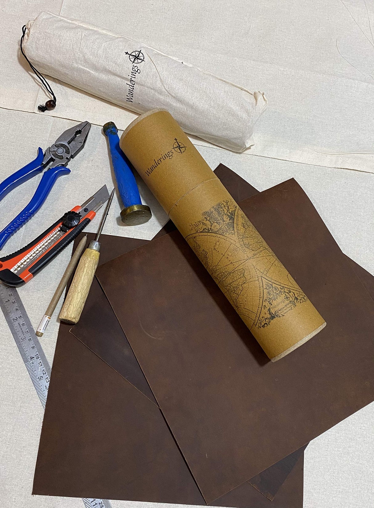 Leather Sheets for Crafts – Includes 3 Sheets (12x12")+ Leather Cord (36") - Full Grain Buffalo Leather Squares - Great for Jewelry, Leather Wallets, WANDERINGS