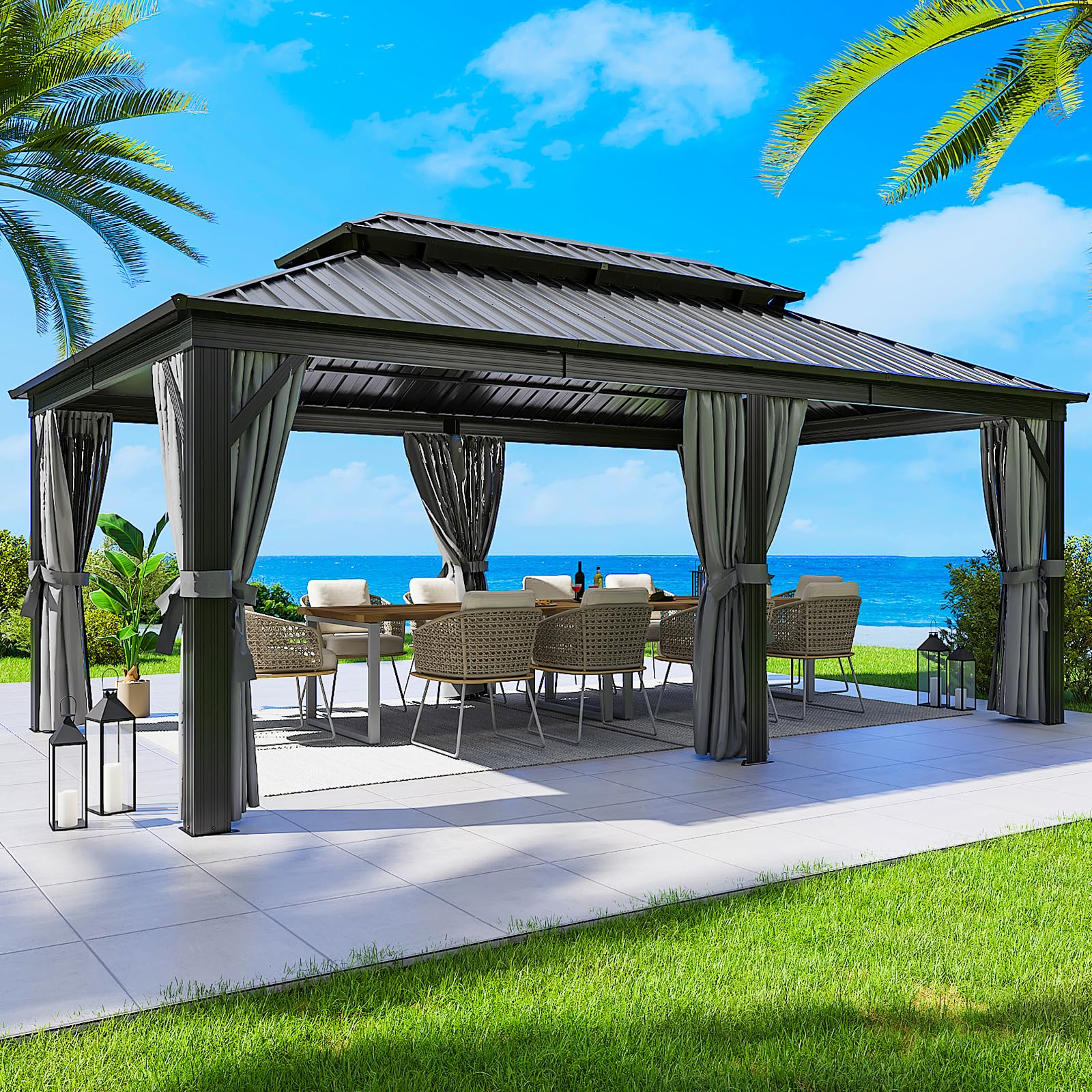 Jolydale 12FT X 20FT Hardtop Gazebo, Galvanized Steel Dual-Layer Top, Aluminum Metal Gazebo with Netting and Curtains, Permanent Gazebo Pavilion for - WoodArtSupply