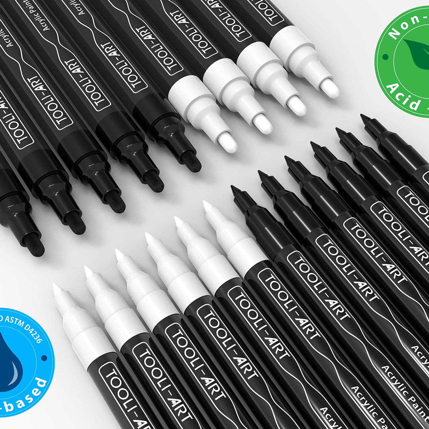 TOOLI-ART Black And White Acrylic Paint Markers Paint Pens Set For Rock Painting, Canvas, Mugs, Metal, Glass Paint, Fabric, Wood, DIY. Non Toxic, TOOLI-ART