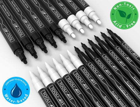 TOOLI-ART Black And White Acrylic Paint Markers Paint Pens Set For Rock Painting, Canvas, Mugs, Metal, Glass Paint, Fabric, Wood, DIY. Non Toxic, TOOLI-ART