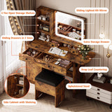LIKIMIO Vanity Desk with Drawers & LED Lighted Mirror & Power Outlet & Cabinet, Storage Stool, Stylish Bedroom Makeup Table Set, Vintage Brown LIKIMIO