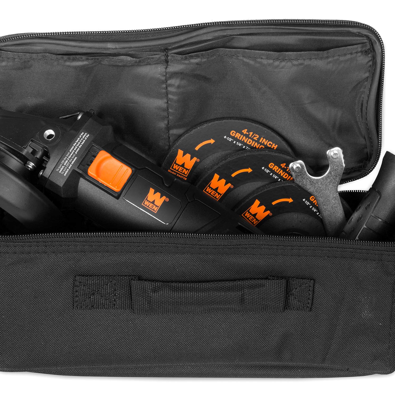 WEN 94475 7.5-Amp 4-1/2-Inch Angle Grinder with Reversible Handle, Three Grinding Discs, and Carrying Case, Black,orange WEN
