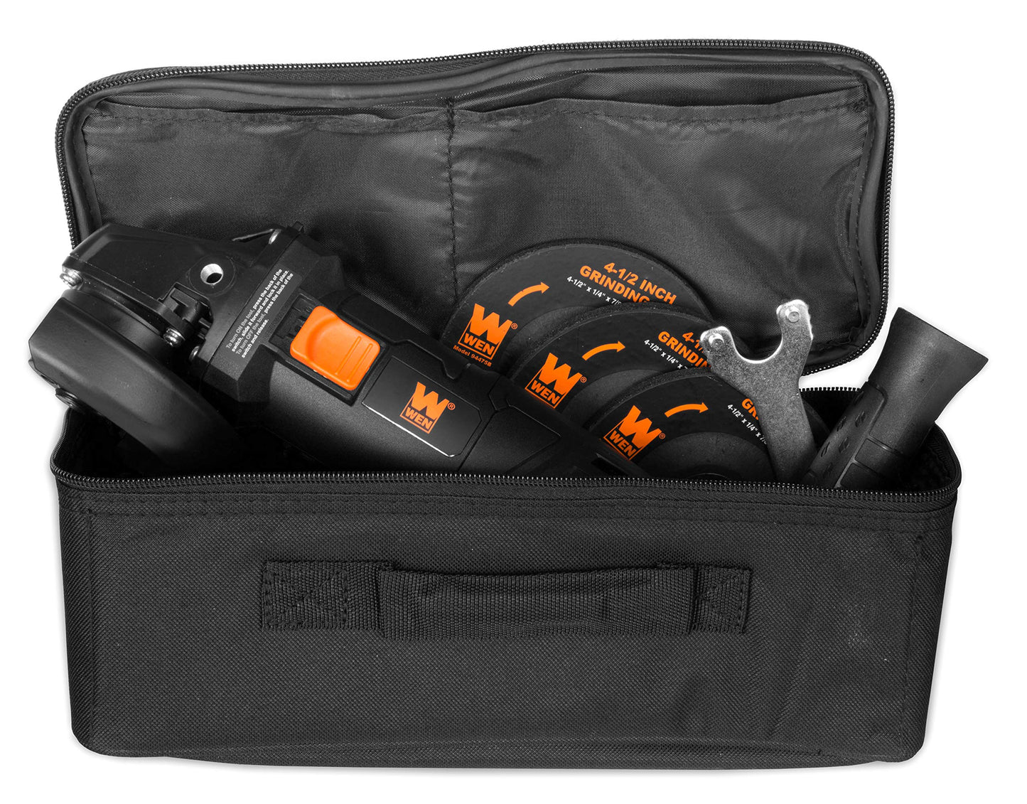 WEN 94475 7.5-Amp 4-1/2-Inch Angle Grinder with Reversible Handle, Three Grinding Discs, and Carrying Case, Black,orange - WoodArtSupply