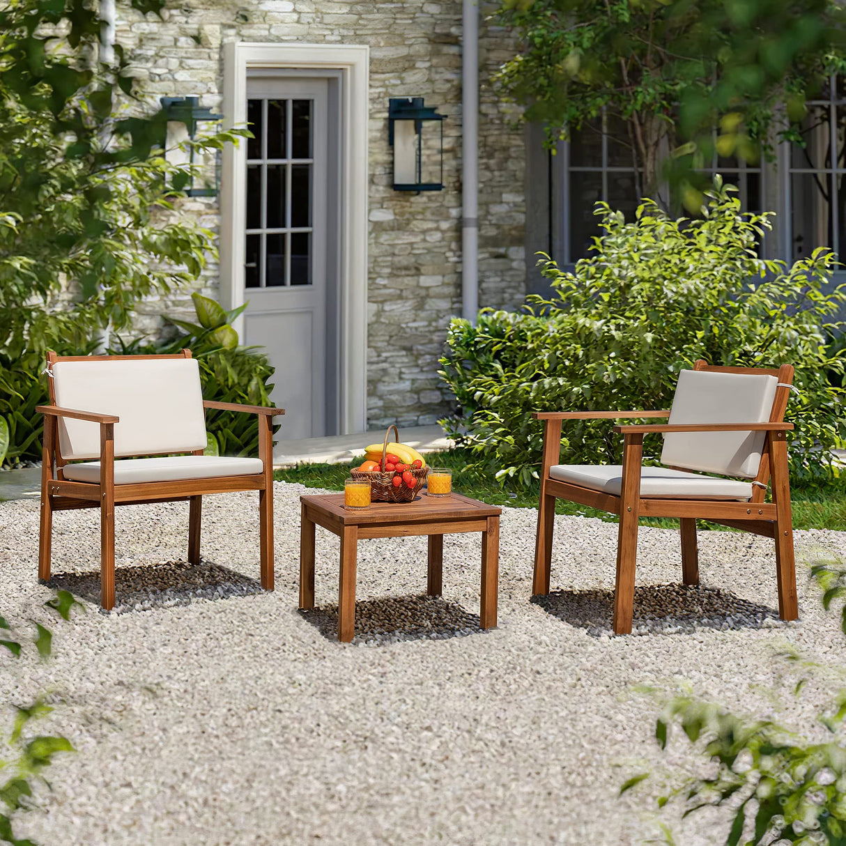 Devoko Patio Set 3 Piece Acacia Wood Outdoor Furniture Conversation Seat with Table & Cushions Porch Chairs for Balcony, Deck, Backyard, Beige Devoko