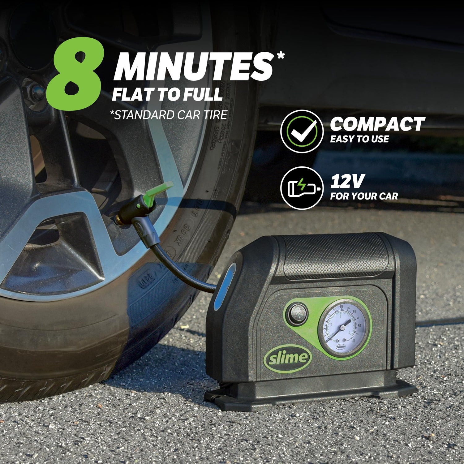 Slime 40050 Tire Inflator, Portable Car Air Compressor, with Analog 100 psi Dial Gauge, Long Hose and LED Light, 12V, 8 min Inflation Slime
