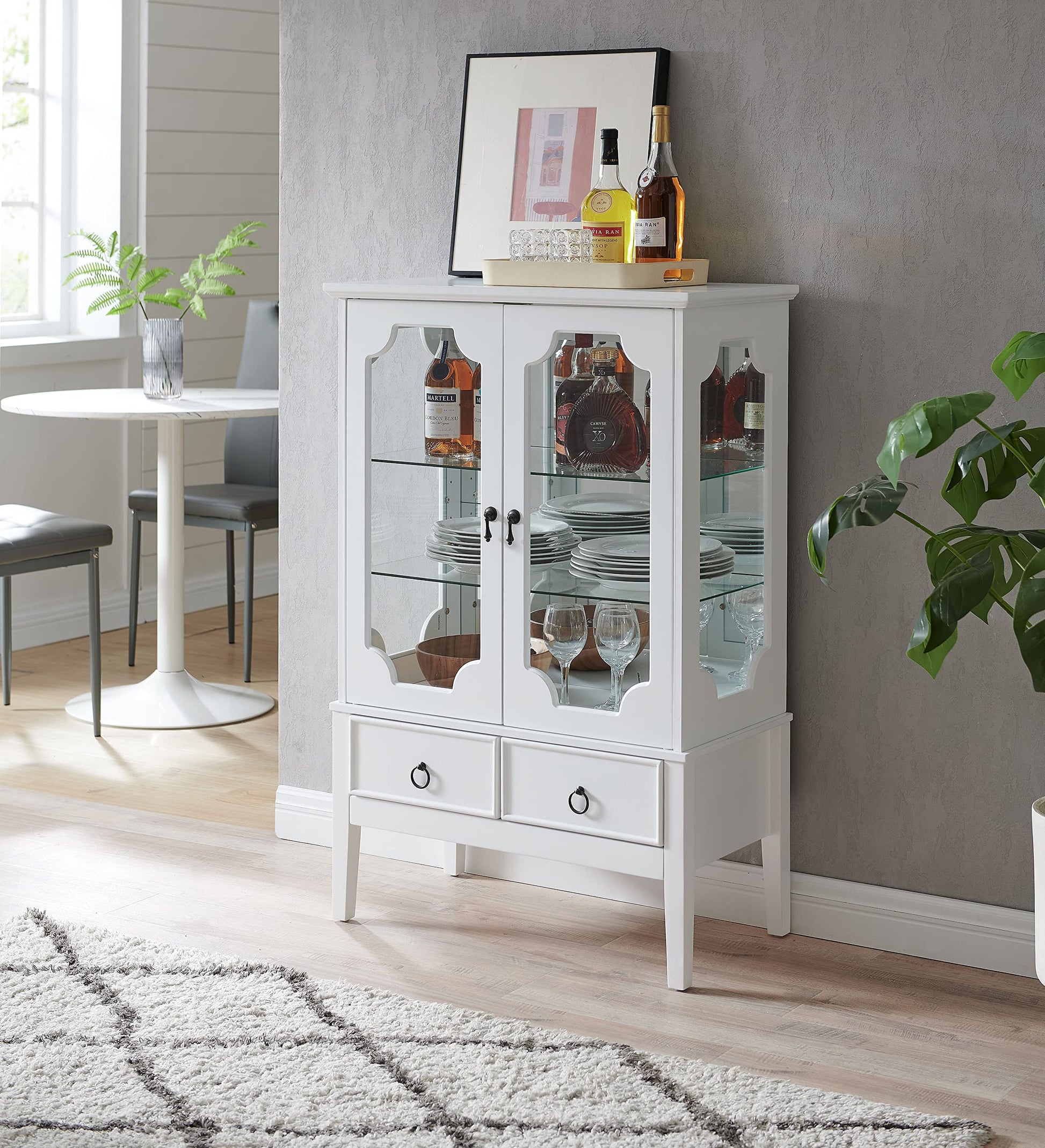 Kings Brand Furniture - Versailles Curio Display Storage Accent Cabinet with Glass Shelves (White) - WoodArtSupply