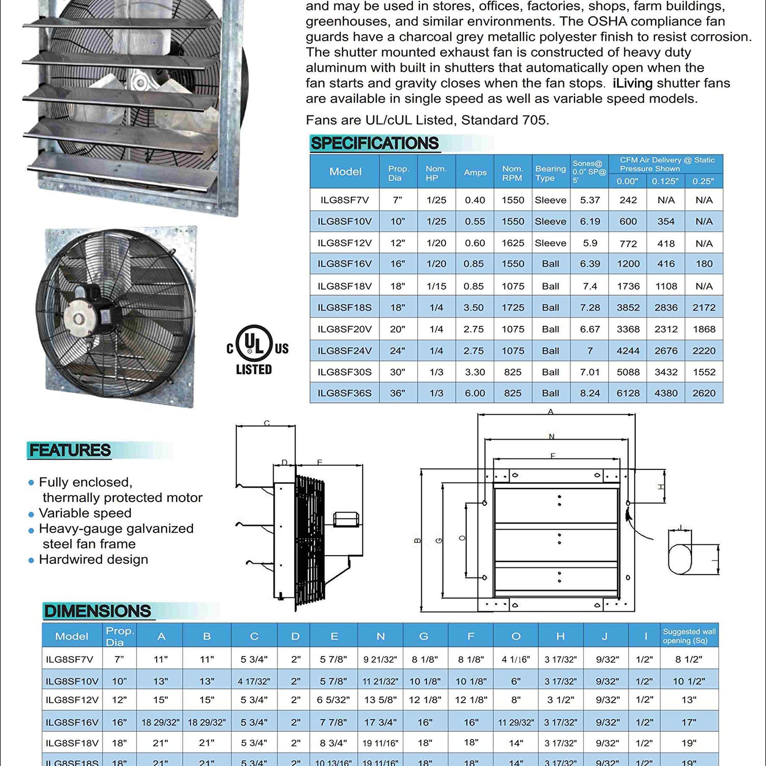 iLiving - 24" Wall Mounted Exhaust Fan - Automatic Shutter - Variable Speed - Vent Fan For Home Attic, Shed, or Garage Ventilation, 4244 CFM, 6200 iLiving