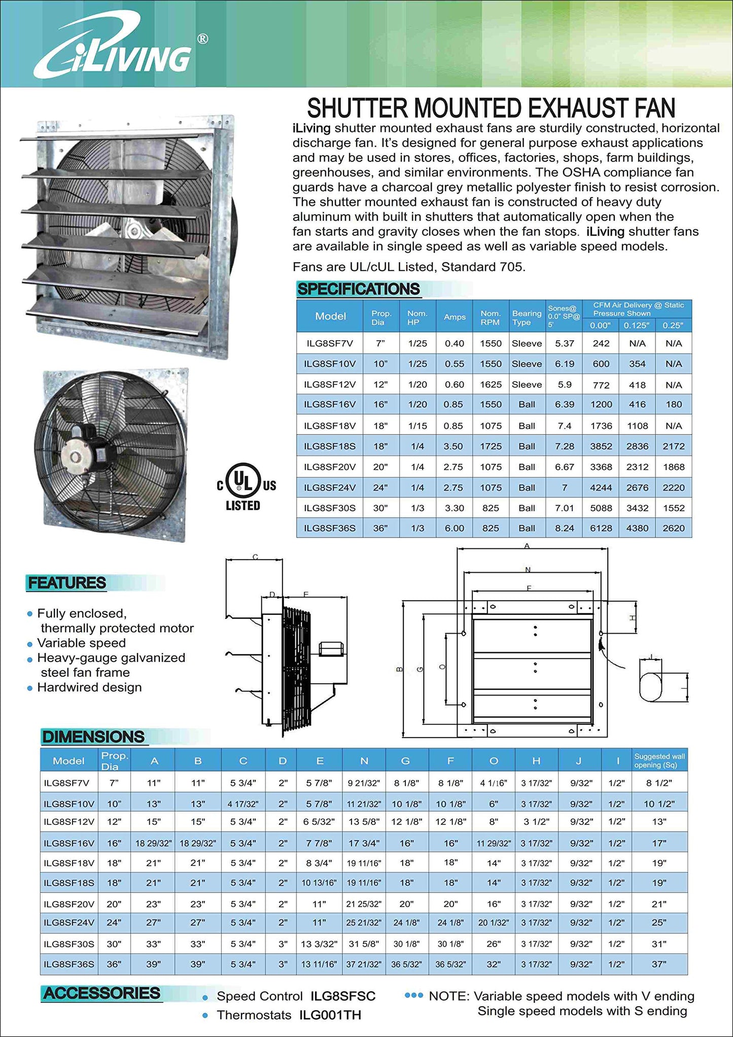 iLiving - 24" Wall Mounted Exhaust Fan - Automatic Shutter - Variable Speed - Vent Fan For Home Attic, Shed, or Garage Ventilation, 4244 CFM, 6200 - WoodArtSupply