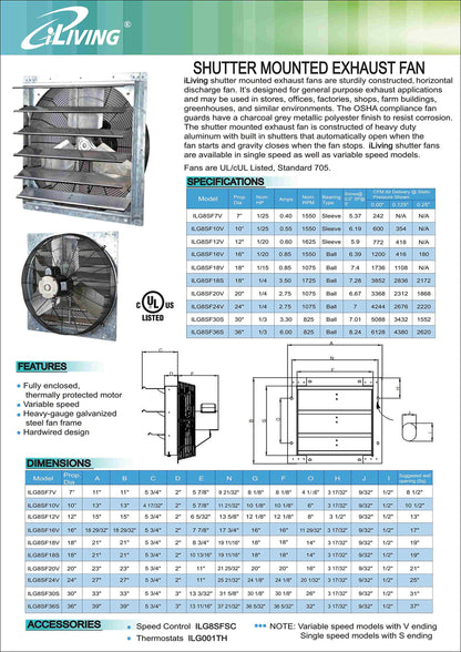 iLiving - 24" Wall Mounted Exhaust Fan - Automatic Shutter - Variable Speed - Vent Fan For Home Attic, Shed, or Garage Ventilation, 4244 CFM, 6200 - WoodArtSupply