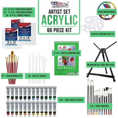 U.S. Art Supply 60-Piece Deluxe Artist Acrylic Painting Set with Aluminum Tabletop Easel, 24 Acrylic Paint Colors, 22 Brushes, 2 Stretched Canvases,