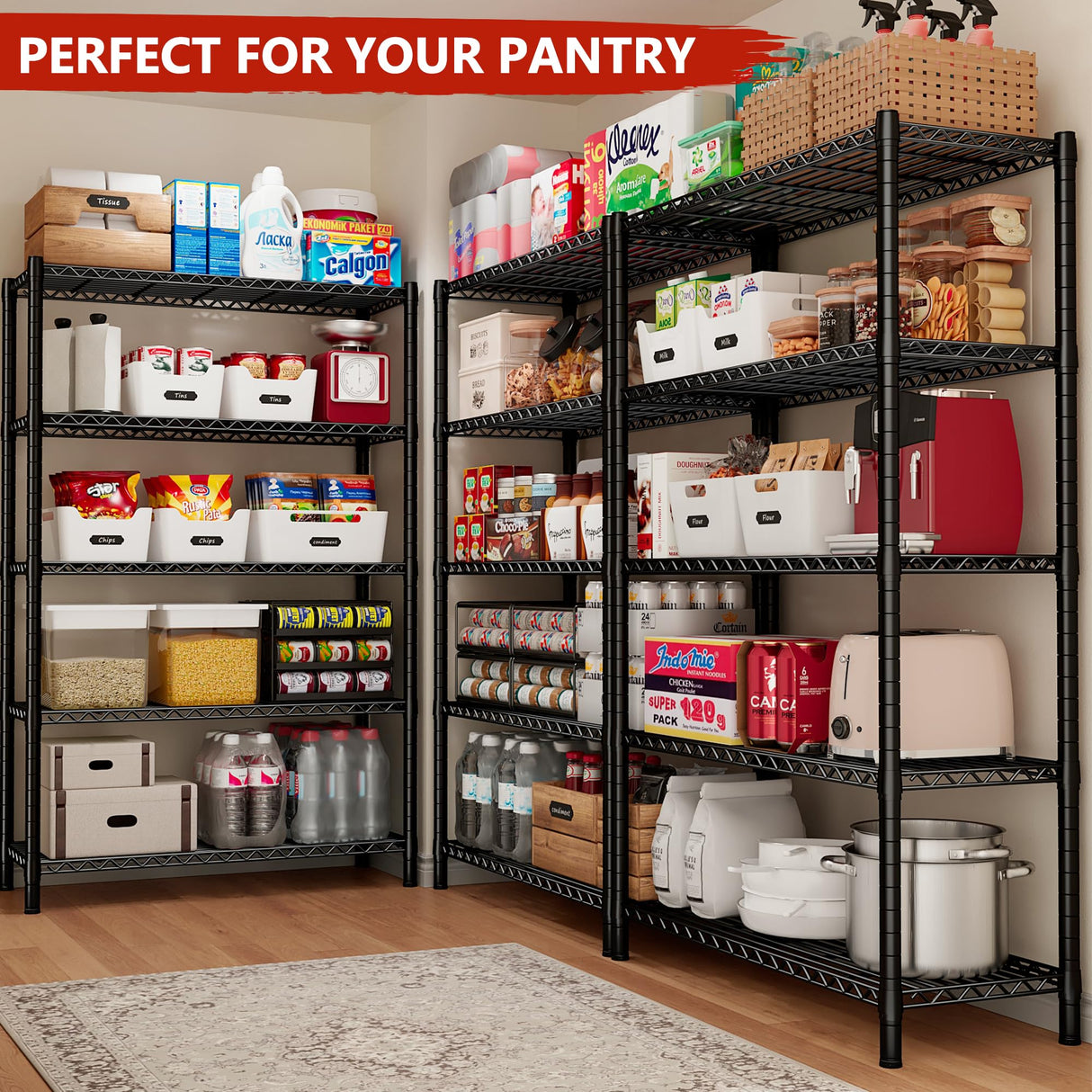 REIBII 76''H Wire Shelving Loads 2100LBS,5 Tier Metal Shelving with Adjustable Storage Shelves 36''W Garage Shelving Heavy Duty with Wheels Metal REIBII