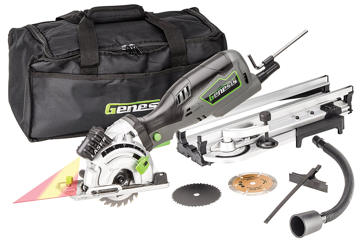 Genesis GPCS535CK 5.8 Amp 3 1/2” Control Grip Plunge Compact Circular Saw Kit with Laser, Miter Base, 3 Assorted Blades, Vacuum Adapter Hose, Rip