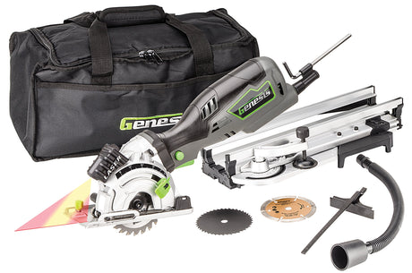 Genesis GPCS535CK 5.8 Amp 3 1/2” Control Grip Plunge Compact Circular Saw Kit with Laser, Miter Base, 3 Assorted Blades, Vacuum Adapter Hose, Rip Genesis
