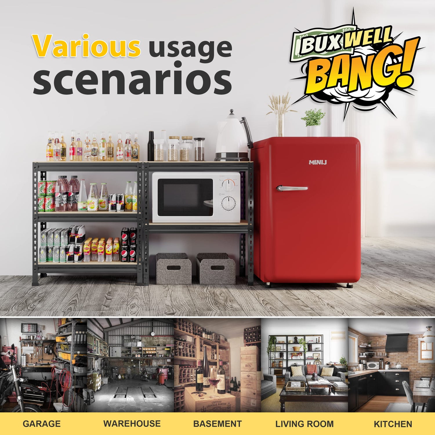 BuxWellBang 5-Shelf Heavy Duty Shelving - Adjustable Garage Storage Shelves, Metal Utility Storage Racks for Warehouse Pantry Basement Kitchen, BuxWellBang