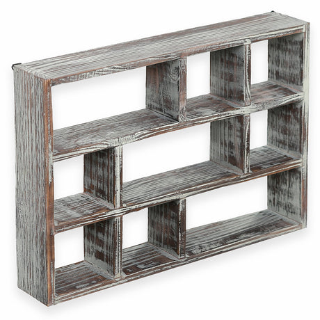 MyGift 9 Compartment Rustic Torched Solid Wood Shadow Box, Wall Mountable Curio Display Case, Freestanding or Floating Shelf for Collectible MyGift