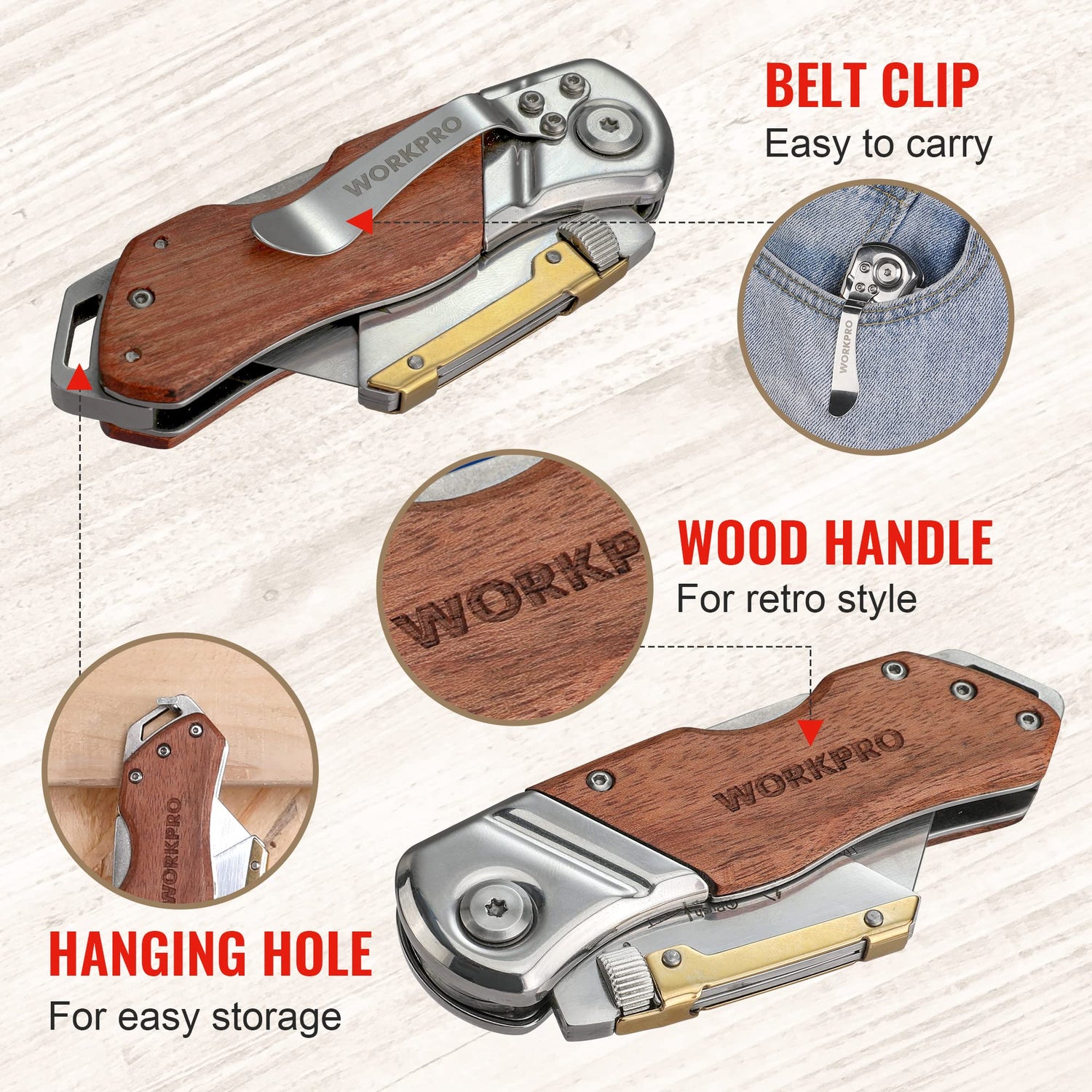 WORKPRO Folding Utility Knife with Belt Clip and Extra 10-piece Blades, Wood Handle Heavy Duty Cutter, Quick-change & Back Lock WORKPRO