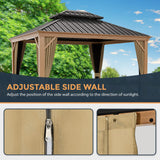 HAPPATIO 10' x 12' Hardtop Gazebo, Outdoor Wood Grain Frame Aluminum Gazebo, Double Roof Permanent Patio Gazebo Canopy with Netting and Curtains for HAPPATIO