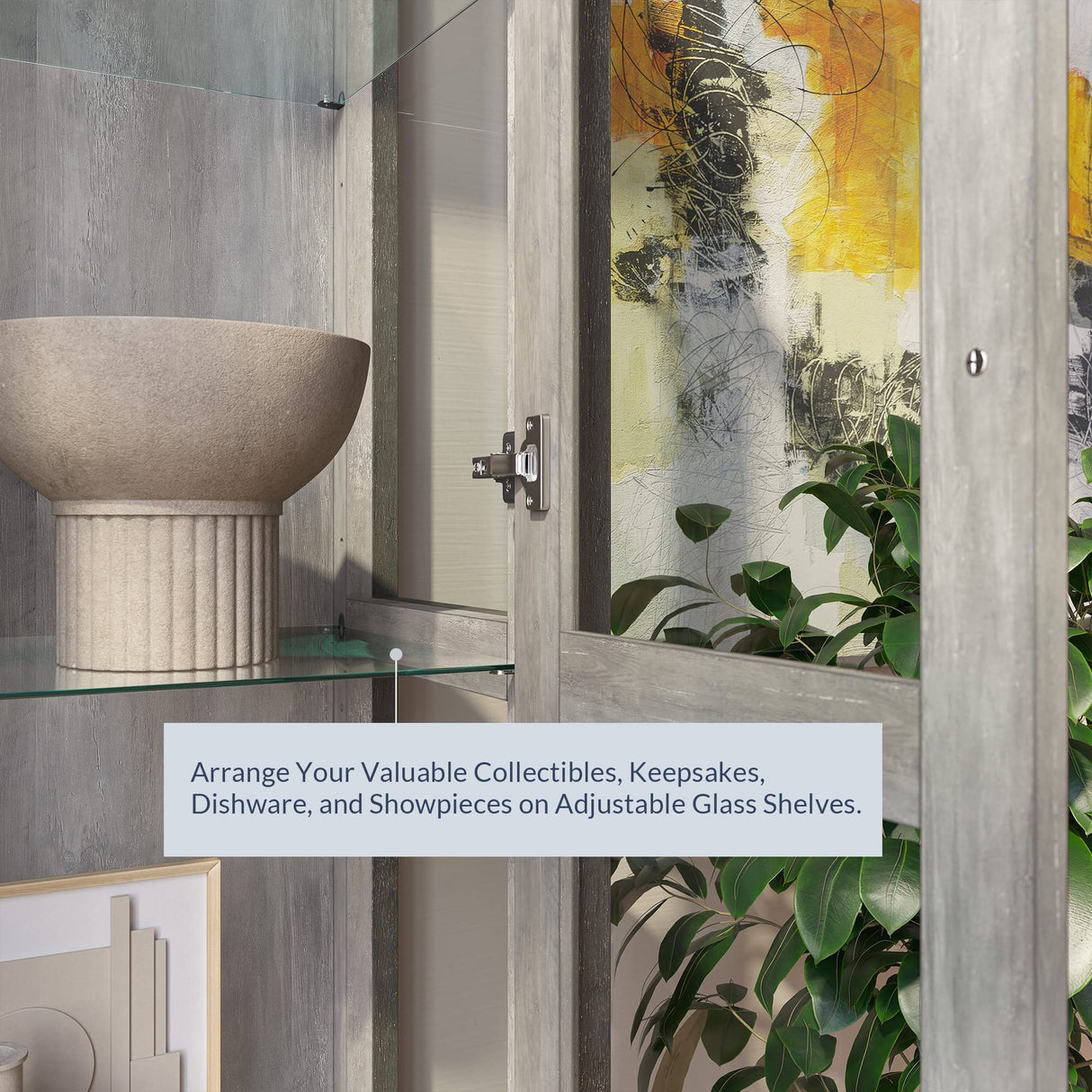 Elegant BELLEZE Gray Wash Storage Cabinet with Glass Doors for Living Room and Bedroom Display BELLEZE