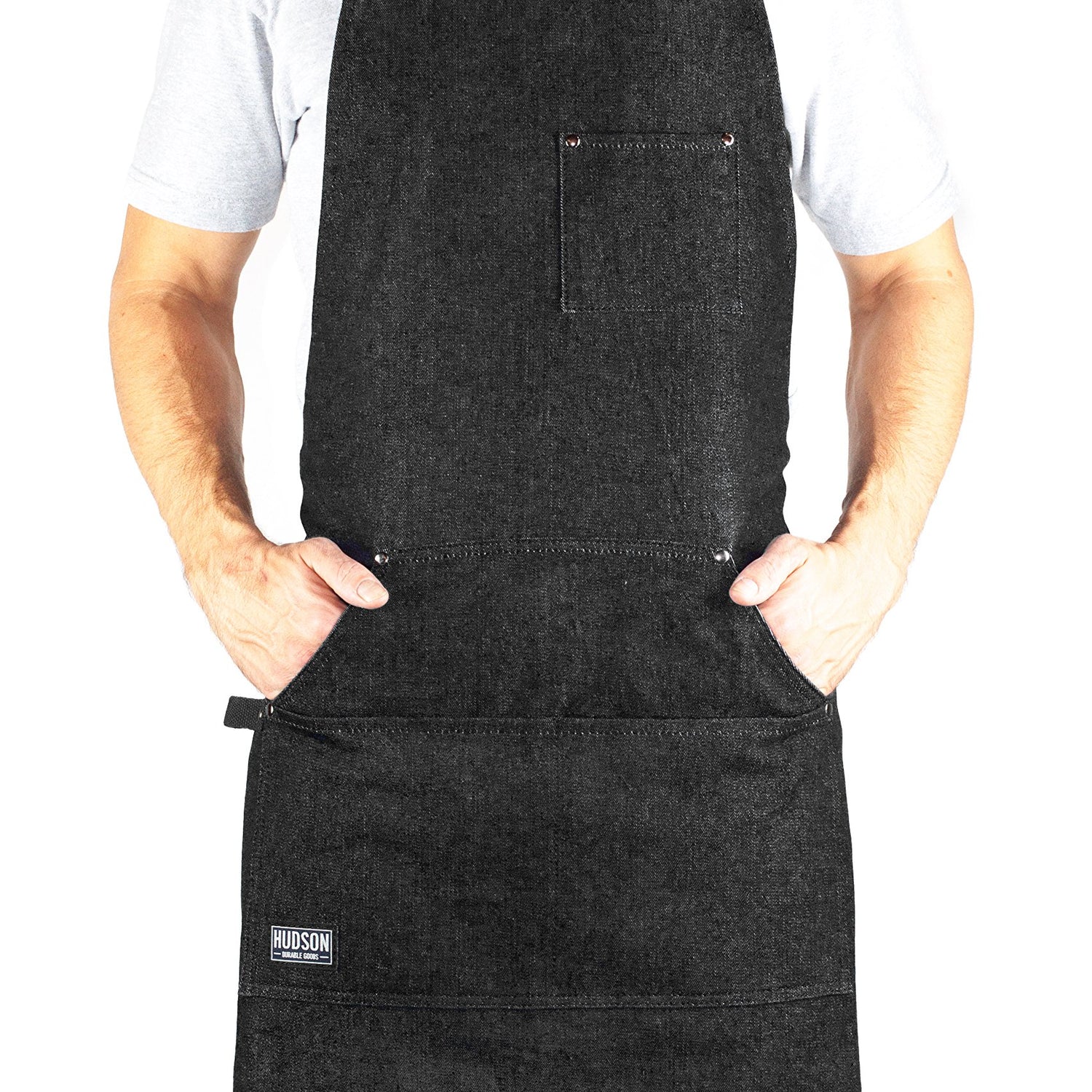 Hudson Durable Goods Adjustable Crossback Denim Apron with Pockets – 34 x 27 In. Chefs Apron with 4 Pockets and Loop Fits Most – Black Denim Apron Hudson Durable Goods