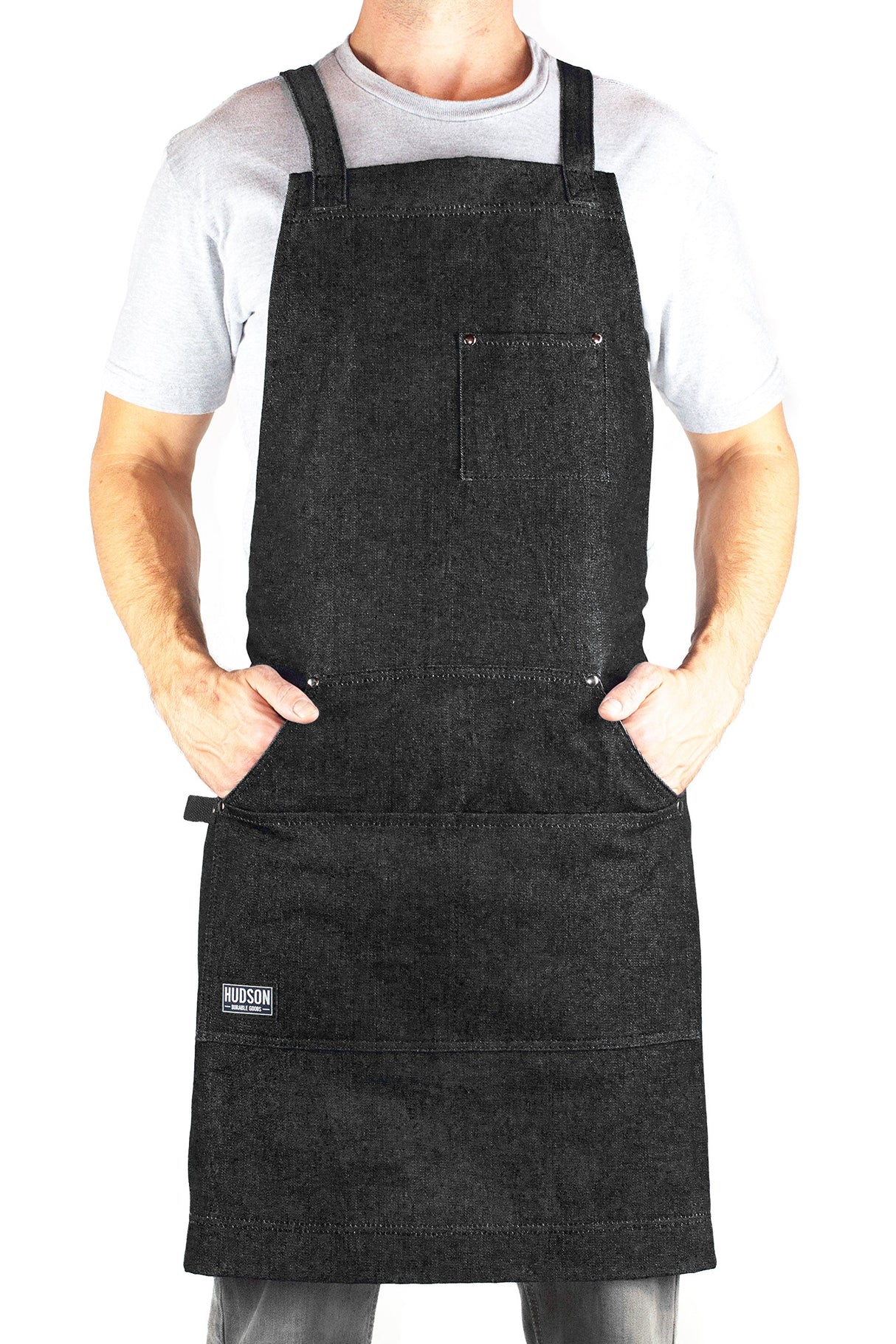 Hudson Durable Goods Adjustable Crossback Denim Apron with Pockets – 34 x 27 In. Chefs Apron with 4 Pockets and Loop Fits Most – Black Denim Apron Hudson Durable Goods