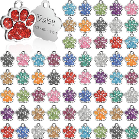 Abbylike 60 Pcs Personalized Dog Tags Blank Pet ID Tags Custom Glitter Paw Pet Tag Cute Metal Cat Name Tag Small DIY Engraved Puppy Name Tag for Dogs Abbylike