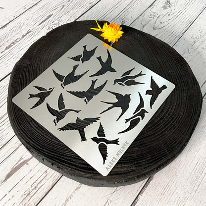 Aleks Melnyk No.468 Metal Stencil, Many Swallows Fly in The Sky, Birds, Animals, Small Stencil, 1 PC, Template for Wood Burning, Engraving, Crafting, - WoodArtSupply